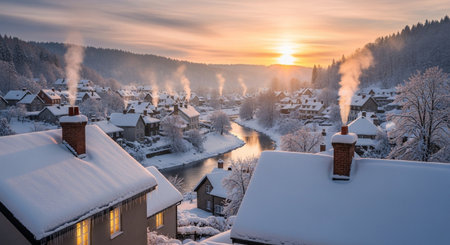 Panoramic view of a small village in Bavaria, Germany during winter.の素材