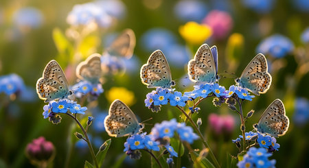closeup of butterflies on forget me not flowers in a natural outdoor settingの素材