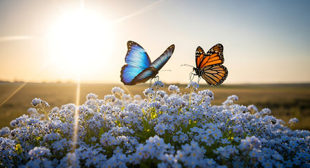 Two butterflies on flowers in a field with a sunset background, nature photographyの素材