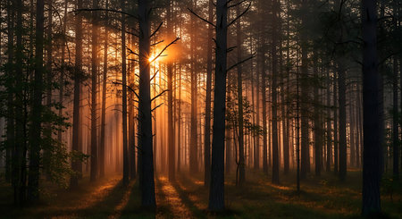 a stunning forest scene with sunlight streaming through the trees at golden hourの素材