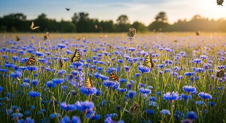 a scenic view of butterflies flying over a field of blue cornflowers at sunsetの素材