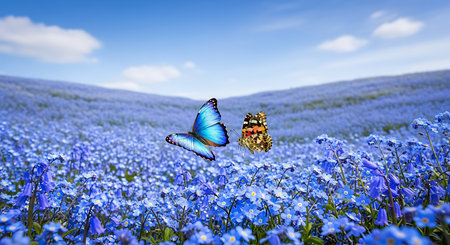 two butterflies flutter above a field of blue flowers under a bright blue sky.の素材