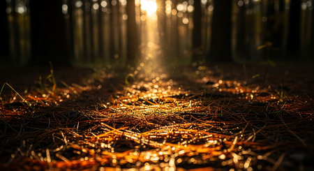 a captivating forest floor bathed in golden sunlight creating a magical atmosphereの素材