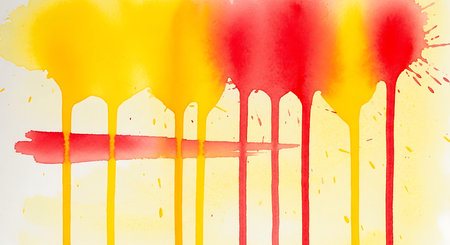 a vibrant watercolor painting featuring yellow and red drips on a clean white background designの素材