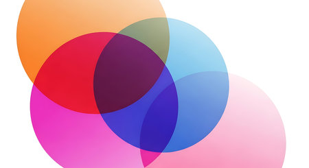 abstract colorful circles overlapping on a white background for modern graphic design projectsの素材