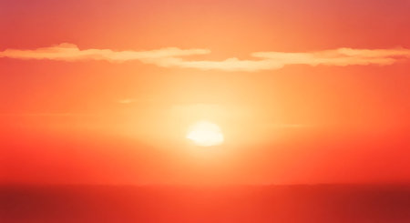 A vibrant sunset painting the sky with orange and red hues over the calm ocean waterscape.の素材