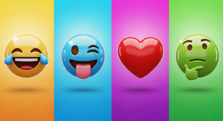Smiley emoticon set on colorful background. 3D illustration.の素材