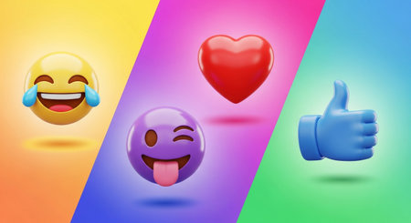 Set of emoticons with different emotions on colorful background. Vector illustration.の素材