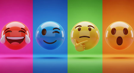 Smiley emoticons isolated on colorful background. 3D rendering.の素材