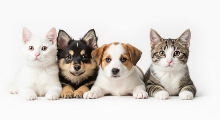 Group of pets on a white background. Dog, cat and puppyの素材