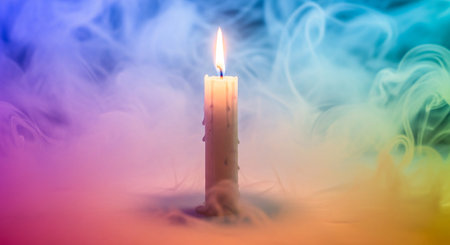 Burning candle on a colorful background with smoke, close-upの素材