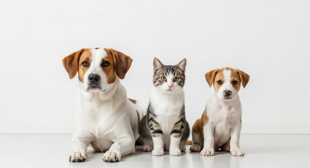 Group of dogs and cat on a white background. Studio shot.の素材