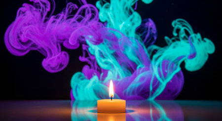 Burning candle with smoke on a black background. 3d renderingの素材