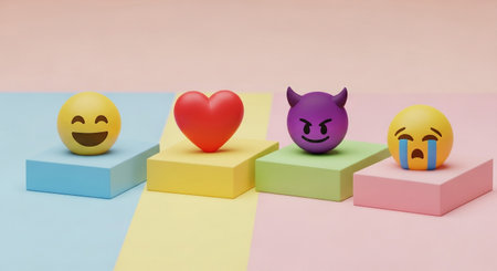 3d illustration of happy and sad emoji on colorful cubes over pink backgroundの素材