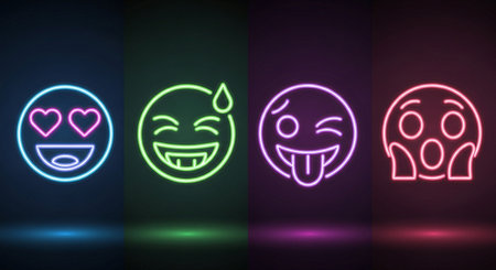 Neon emoticons set in neon style. Emoticon with hearts and eyes. Vector illustrationの素材