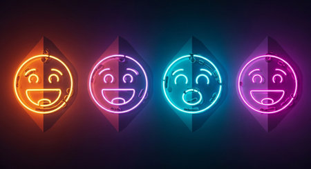 Neon smiley face with different emotions. Vector neon illustration.の素材