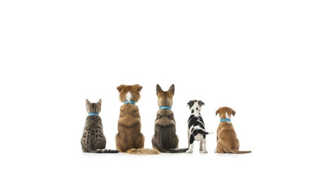 group of different breeds of dogs in front of a white studio backgroundの素材