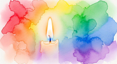 Colorful wax candle on abstract watercolor background. Hand-drawn illustrationの素材