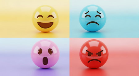3d illustration of happy and sad emoticons on colorful background.の素材