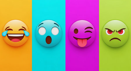 3d illustration of happy and sad emoticons on colorful background.の素材