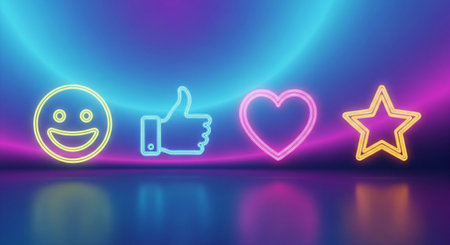 Neon Like, Heart, Star and Thumbs up. 3d renderingの素材