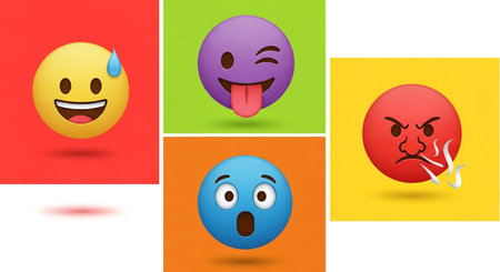 Funny smiley emoticons on colorful background. Vector illustration.の素材