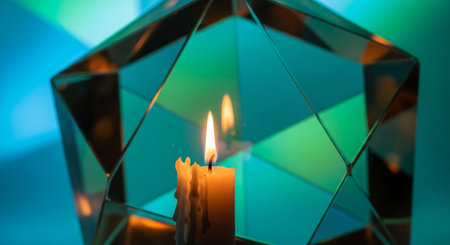 Burning candle in a glass candlestick on a blue backgroundの素材