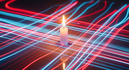Candle on a black background with red and blue neon lines.の素材