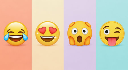 Funny smileys with hearts on colorful background. 3d illustrationの素材
