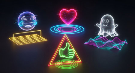Glowing neon icons of social network. 3D rendering. Neon signの素材