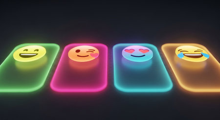 3d rendering of colorful buttons with happy and sad emoticons.の素材