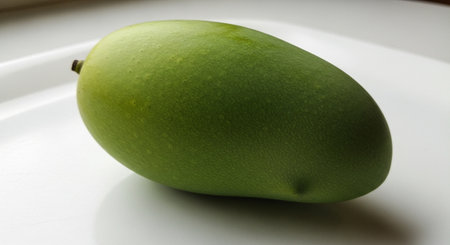 Mango on the white plate, closeup of a green mangoの素材