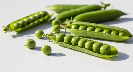 Fresh green peas on a white background. Green peas in pods.の素材