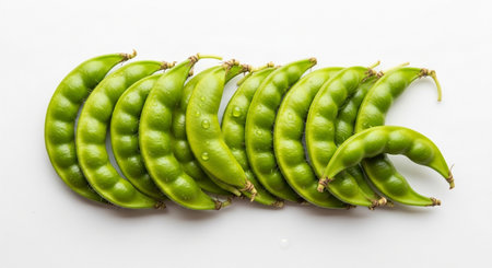 Green soybeans on a white background, close-up, top viewの素材