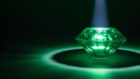 Green crystal on a black background with a beam of light and copy spaceの素材