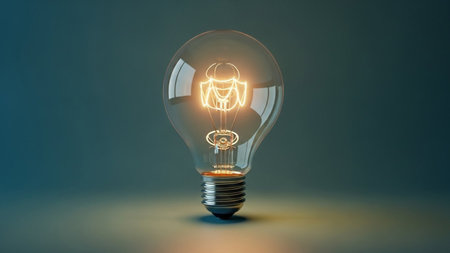 Glowing lightbulb with robot inside on grey background 3D renderingの素材