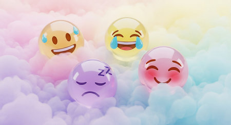 Emoticon smileys on cloud background. 3d illustration.の素材