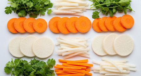 Sliced carrot, onion and parsley on white background.の素材