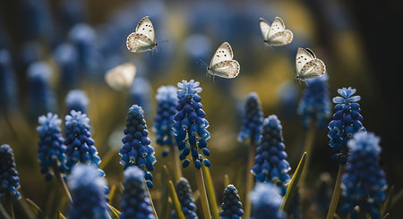 Blue muscari flowers and butterfly in nature. Spring background.の素材