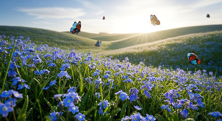 Bluebells in the meadow at sunset with flying butterflies.の素材