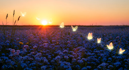 Sunset over a meadow with blooming crocus flowers.の素材