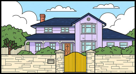 Cartoon image of a private house with a fence and door.の素材