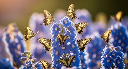 Blue hydrangea flower with butterflies in garden, close upの素材