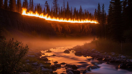 Fire in the Yellowstone River, Yellowstone National Park, Wyoming, USAの素材