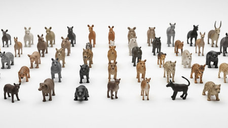 Group of animal figurines on white background. 3D illustration.の素材
