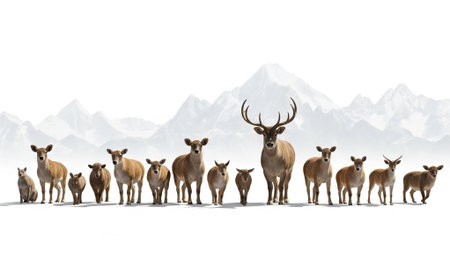 Group of deer standing in a row on white background with clipping pathの素材