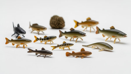 miniature fishes on a white background, close-up, macroの素材