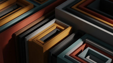 3d rendering of abstract geometric shapes in black, orange, yellow and brown colorsの素材