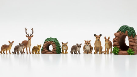 Miniature people : Deer, giraffe, monkey, deer and other animals on white backgroundの素材
