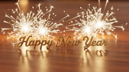 Happy New Year written with Sparkle firework on wooden background - 3D renderの素材